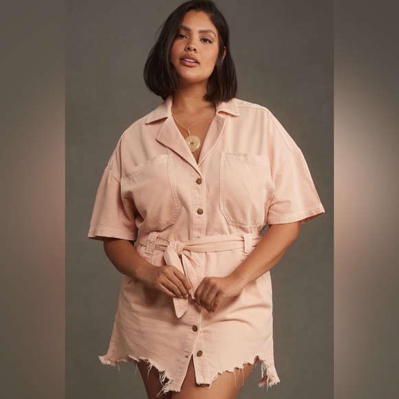 ✨ Anthropologie Short-Sleeve Deconstructed Denim Mini Dress Sz L - Picture 5 of 9